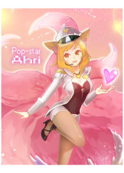 Rule 34 | 1girl, :d, aa2233a, ahri (league of legends), alternate costume, alternate hair color, animal ears, belt, blonde hair, bow, breasts, character name, cleavage, cosplay, epaulettes, facial mark, fangs, fox ears, fox tail, girls&#039; generation, grey pantyhose, happy, hat, hat bow, headset, heart, high heels, idol, jacket, jewelry, league of legends, leg up, pantyhose under shorts, looking to the side, matching hair/eyes, multiple tails, necklace, open clothes, open jacket, open mouth, orange eyes, orange hair, pantyhose, peaked cap, pendant, popstar ahri, shoes, short shorts, shorts, signature, smile, solo, star (symbol), striped, striped background, tail, whisker markings, yellow eyes