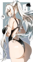 Rule 34 | ..., 1girl, 1other, ?, ^^^, arknights, ass, back cutout, bare shoulders, black one-piece swimsuit, blush, border, breasts, brown eyes, chibi, chibi inset, clothing cutout, competition swimsuit, cowboy shot, doctor (arknights), gin moku, grey background, highres, horns, large breasts, long hair, looking at viewer, looking back, mask, one-piece swimsuit, outside border, parted lips, pointy ears, ponytail, shining (arknights), sidelocks, simple background, speech bubble, spoken question mark, swimsuit, very long hair, white border