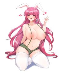 Rule 34 | 1girl, absurdres, animal ears, areola slip, arm held back, blush, bow, braid, breasts, cleavage, collarbone, commission, covered erect nipples, green shorts, hair bow, heart, heart in eye, highres, huge breasts, kneeling, korean commentary, long hair, looking at viewer, mindoll, navel, no shoes, open mouth, original, pink eyes, pink hair, rabbit ears, rabbit ornament, raised eyebrows, shorts, simple background, single braid, smile, solo, stomach, suspender shorts, suspenders, sweat, symbol in eye, teeth, thighhighs, thighs, very long hair, w, white background, white bow, white thighhighs