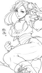 Rule 34 | 1girl, boots, bracelet, breasts, capcom, chinese clothes, chun-li, cross-laced footwear, double bun, dress, earrings, female focus, fighting stance, greyscale, highres, jewelry, large breasts, legs, lineart, monochrome, muscular, muscular female, non (nonzile), panties, sash, solo, spiked bracelet, spikes, street fighter, thick thighs, thighs, underwear