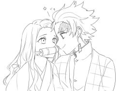 Rule 34 | 1boy, 1girl, bamboo, bit gag, brother and sister, closed mouth, commentary request, earrings, eye contact, gag, greyscale, jewelry, kamado nezuko, kamado tanjirou, kashikaze, kimetsu no yaiba, lineart, long hair, looking at another, monochrome, short hair, siblings, sidelocks, star (symbol), translation request, upper body