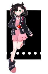 Rule 34 | 1girl, absurdres, ankle boots, asymmetrical bangs, black choker, black footwear, black hair, black jacket, black nails, blush, boots, choker, closed mouth, commentary request, creatures (company), dodotsuki, dress, earrings, full body, game freak, green eyes, hair ribbon, highres, holding, holding poke ball, jacket, jewelry, knees, leg up, looking at viewer, marnie (pokemon), medium hair, nail polish, nintendo, open clothes, open jacket, pink dress, poke ball, poke ball (basic), pokemon, pokemon swsh, red ribbon, ribbon, solo
