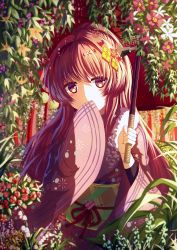 Rule 34 | 10s, 1girl, absurdres, alternate costume, blurry, blush, brown hair, bush, cherry blossoms, covering own mouth, depth of field, flower, flower request, fur collar, furisode, hair flower, hair intakes, hair ornament, headgear, heart, highres, holding, holding umbrella, isumi (yangyan), japanese clothes, kantai collection, kimono, lily of the valley, long hair, long sleeves, looking at viewer, looking to the side, obi, oil-paper umbrella, ponytail, print kimono, red eyes, red flower, red hair, sash, shade, solo, string, umbrella, upper body, very long hair, white flower, wide sleeves, yamato (kancolle), yellow flower