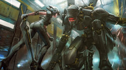 Rule 34 | 1boy, 1girl, artist name, ass, black hair, breasts, clenched hand, commentary request, duel, gloves, glowing, helmet, high heels, highres, holding, holding sword, holding weapon, indoors, leaning forward, mecha, necktie, noba, on one knee, original, outstretched arms, pants, power suit, robot, shirt, short hair, smile, sparks, spread arms, sword, weapon