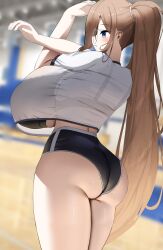 Rule 34 | 1girl, absurdres, black bloomers, black bra, bloomers, blue eyes, blurry, blurry background, bra, breast curtains, breasts, gigantic breasts, glasses, highres, long hair, nicorima, see-through, solo, stretching, underwear