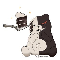 Rule 34 | cake, cake slice, commentary, criis-chan, danganronpa (series), dessert, english commentary, food, food focus, monokuma, no humans, simple background, sparkle, symbol-only commentary, twitter username, white background