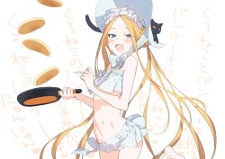 Rule 34 | 1girl, abigail williams (fate), abigail williams (swimsuit foreigner) (fate), abigail williams (swimsuit foreigner) (third ascension) (fate), akinashi yuu, animal, barefoot, bikini, blonde hair, blue eyes, bonnet, cat, commentary request, crepe, eyes visible through hair, fang, fate/grand order, fate (series), food, long hair, navel, open mouth, skin fang, solo, standing, standing on one leg, swimsuit, very long hair, white bikini