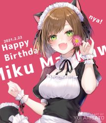 Rule 34 | 1girl, :d, animal ears, apron, arisato yui, artist name, text background, bad id, bad pixiv id, black dress, black ribbon, blush, breasts, brown hair, cat ears, character name, commentary request, dated, dress, fang, flower, frills, green eyes, happy birthday, highres, holding, holding flower, idolmaster, idolmaster cinderella girls, maekawa miku, maid headdress, neck ribbon, open mouth, pink flower, puffy short sleeves, puffy sleeves, ribbon, short hair, short sleeves, skin fang, small breasts, smile, solo, two-tone background, underbust, upper body, waist apron, watermark, web address, white apron, wrist cuffs