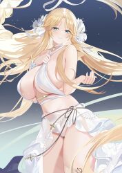 Rule 34 | 1girl, absurdres, azur lane, bare arms, bare shoulders, blonde hair, blue eyes, blush, breasts, brest (azur lane), brest (marine muse) (azur lane), choker, closed mouth, flower, hair flower, hair ornament, highres, large breasts, long hair, looking at viewer, official alternate costume, pointy ears, sideboob, smile, solo, thigh strap, thighs, tnr (horiko1525), white choker