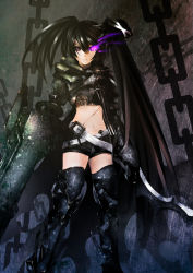 Rule 34 | 10s, 1girl, absurdres, armor, armored boots, bad id, bad pixiv id, belt, black footwear, black hair, black rock shooter, black rock shooter (character), black shorts, black thighhighs, boots, chain, flaming eyes, highres, holding, holding sword, holding weapon, insane black rock shooter, long hair, looking at viewer, armored boots, navel, purple eyes, san rei juko, scar, short shorts, shorts, solo, sword, thigh boots, thighhighs, twintails, weapon