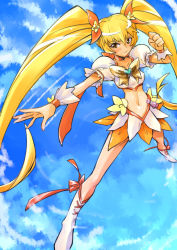 Rule 34 | 10s, 1girl, blonde hair, blue background, boots, bow, brooch, cloud, cure sunshine, day, flying, hair ribbon, heart, heart brooch, heartcatch precure!, highres, knee boots, long hair, magical girl, midriff, myoudouin itsuki, navel, orange bow, orange skirt, precure, ribbon, skirt, sky, solo, twintails, umiushi, wrist cuffs, yellow bow, yellow eyes