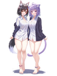 Rule 34 | 2girls, absurdres, ahoge, alternate hair length, alternate hairstyle, animal ear fluff, animal ears, anklet, barefoot, black hair, blue cardigan, blush, bottomless, breasts, cardigan, cat ears, cat girl, cat tail, cleavage, collared shirt, commentary request, feet, heel up, highres, hololive, jewelry, large breasts, legs, light purple hair, long sleeves, looking at viewer, multicolored hair, multiple girls, nail polish, nekomata okayu, no pants, ookami mio, open cardigan, open clothes, open mouth, purple eyes, red hair, shirt, short hair, smile, standing, streaked hair, tail, toenail polish, toenails, toes, togemaru34, virtual youtuber, white hair, white shirt, wolf ears, wolf girl, wolf tail, yellow eyes