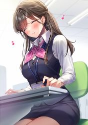 Rule 34 | 1girl, amagi shino, artist name, blush, bow, bowtie, brown hair, chair, closed eyes, closed mouth, collared shirt, eyelashes, happy, highres, id card, indoors, keyboard (computer), long hair, long sleeves, music, office, office chair, office lady, on chair, original, pencil skirt, pink bow, pink bowtie, receptionist girl (amagi shino), shirt, sidelocks, signature, singing, sitting, skirt, smile, solo, striped bow, striped bowtie, striped clothes, swivel chair, thighs, typing, white shirt