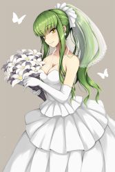 Rule 34 | 1girl, alternate costume, bare shoulders, bead necklace, beads, blush, bouquet, breasts, bridal veil, bug, butterfly, c.c., cleavage, closed mouth, code geass, collarbone, cowboy shot, dress, earrings, elbow gloves, female focus, flower, gloves, green hair, grey background, high ponytail, highres, holding, holding bouquet, insect, jewelry, layered dress, long hair, looking at viewer, lucky keai, medium breasts, necklace, ornate ring, pearl necklace, ring, see-through, sidelocks, simple background, smile, solo, strapless, strapless dress, twitter username, veil, very long hair, wedding dress, wedding ring, white dress, white flower, white gloves, yellow eyes