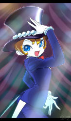 Rule 34 | androgynous, anpanman, bad id, bad pixiv id, blue eyes, bow, bowtie, bracelet, character request, eyelashes, eyeshadow, formal, gem, gender request, gloves, hat, highres, jewelry, makeup, open mouth, orange hair, pale skin, pearl (gemstone), short hair, smile, solo, spacezin, top hat, tuxedo, white gloves