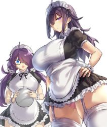 Rule 34 | 2girls, ahoge, apron, black ribbon, blue eyes, blush, breasts, closed mouth, curvy, dress, frilled dress, frills, glasses, hair between eyes, haruto (pokoten), large breasts, long hair, looking at viewer, maid, maid apron, maid headdress, multiple girls, neck ribbon, open mouth, original, panties, pantyshot, pink panties, pokoten (pokoten718), puffy sleeves, purple eyes, purple hair, renna (pokoten), ribbon, semi-rimless eyewear, sidelocks, simple background, standing, thick thighs, thighhighs, thighs, twintails, under-rim eyewear, underwear, waist apron, white apron, white background, white legwear