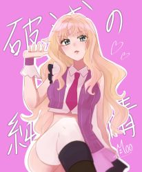 Rule 34 | 1girl, absurdres, asymmetrical sleeves, black footwear, blonde hair, blue eyes, boots, highres, leg up, long hair, looking at viewer, macross, macross frontier, mismatched sleeves, mu (nemunemu moo), necktie, open mouth, pink background, pleated skirt, red necktie, sheryl nome, skirt, solo, thighhighs, uneven sleeves, white thighhighs