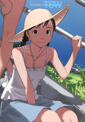 Rule 34 | 1girl, absurdres, bare legs, bare shoulders, black eyes, black hair, braid, camisole, hat, highres, looking at viewer, original, shoes, sitting, skirt, smile, sneakers, solo, sun hat, takamichi, twin braids