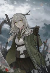 Rule 34 | 1girl, absurdres, antlers, arknights, black gloves, black skirt, cloud, cloudy sky, coat, cowboy shot, day, firewatch (arknights), gloves, green coat, grey hair, highres, horns, long hair, long sleeves, looking at viewer, md5 mismatch, miniskirt, open clothes, open coat, outdoors, parted lips, resolution mismatch, ruins, sasahara (shou goi), shirt, skirt, sky, solo, source smaller, weapon, weapon on back, white shirt, yellow eyes