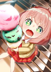 Rule 34 | 1girl, ahoge, anya (spy x family), bad anatomy, bad leg, bench, blazer, blush, child, commentary, dot nose, dress, drooling, excited, feet out of frame, food, foreshortening, from above, green eyes, highres, ice cream, ice cream cone, jacket, kagu (a hazy moon), looking up, on bench, open mouth, park bench, pink hair, red dress, short hair, sitting, solo, sparkling eyes, spy x family, symbol-only commentary