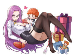Rule 34 | 1girl, absurdly long hair, black skirt, black thighhighs, box, breasts, candy, character doll, chocolate, chocolate heart, choker, cleavage, collared shirt, commentary request, emiya shirou, fate/stay night, fate (series), food, garter straps, gift, gift box, glasses, heart, highres, id card, knees together feet apart, large breasts, long hair, long sleeves, looking at viewer, matching hair/eyes, medusa (fate), medusa (rider) (fate), office lady, pencil skirt, purple eyes, purple hair, shirt, sidelocks, simple background, sitting, skirt, solo, thighhighs, valentine, very long hair, white background, white shirt, woodpecker (alsdndlekd)