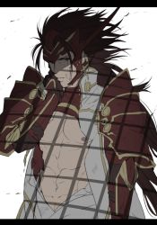Rule 34 | 1boy, abs, brown eyes, brown hair, fire emblem, fire emblem fates, gloves, long hair, male focus, navel, nintendo, nipples, ryoma (fire emblem), topless male, simple background, solo, sou mei, white background
