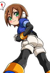 Rule 34 | !, 1girl, aile (mega man zx), ass, blush, bodystocking, bodysuit, brown hair, closed mouth, gloves, green eyes, highres, pantyhose under shorts, looking at viewer, mega man (series), mega man zx, pantyhose, robot ears, short hair, short sleeves, shorts, simple background, skin tight, solo, spandex, white background, yuuya (blue scarab)