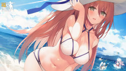 Rule 34 | 4girls, alternate costume, beach, bikini, breasts, brown hair, cleavage, copyright name, day, five-seven (cruise queen) (girls&#039; frontline), five-seven (girls&#039; frontline), girls&#039; frontline, green eyes, hand on headwear, hat, highres, in the face, long hair, m1 garand (beach princess) (girls&#039; frontline), m1 garand (girls&#039; frontline), multiple girls, ntw-20 (girls&#039; frontline), ntw-20 (op. blazing sun) (girls&#039; frontline), o-ring, o-ring bikini, o-ring top, official alternate costume, official art, springfield (girls&#039; frontline), springfield (stirring mermaid) (girls&#039; frontline), suisai., sun hat, swimsuit, white bikini