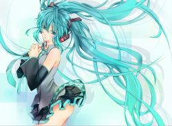 Rule 34 | 1girl, aqua eyes, aqua hair, bad id, bad pixiv id, detached sleeves, own hands clasped, hatsune miku, headphones, jpeg artifacts, kingchenxi, long hair, necktie, own hands together, skirt, solo, twintails, very long hair, vocaloid
