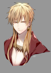 Rule 34 | 1boy, absurdres, alternate hair length, alternate hairstyle, bishounen, blonde hair, closed mouth, cropped torso, earrings, fate (series), gilgamesh (fate), grey background, hair between eyes, highres, jewelry, long hair, looking at viewer, necklace, open clothes, open shirt, red eyes, red shirt, shirt, signature, simple background, tarao (13raven)