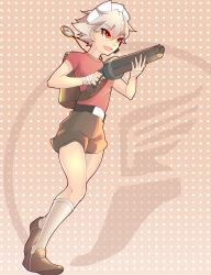Rule 34 | 1girl, absurdres, backpack, bag, bandaged hand, bandages, belt, black footwear, cosplay, crossover, double barrels, gun, highres, izayoi sakuya, jewelry, kneehighs, lever action, maid headdress, majormilk, necklace, pocket watch, red eyes, red scout (tf2), red shirt, scattergun, scout (tf2), shirt, shoes, short hair, short shorts, shorts, shotgun, smile, sneakers, socks, t-shirt, team fortress 2, the scout (cosplay), touhou, watch, weapon, white hair