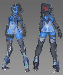 Rule 34 | 1girl, absurdres, arms at sides, ass, asymmetrical horns, black hair, blue oni, blue skin, breasts, colored skin, commission, elbow gloves, from behind, gloves, gradient background, grey background, heel-less heels, highres, horns, kunai, large breasts, looking at viewer, multiple views, oni, original, ponytail, respirator, ringobatake, see-through, skeb commission, standing, thighhighs, weapon