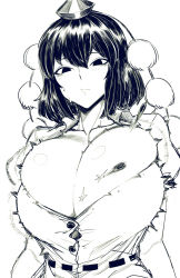 Rule 34 | 1girl, :t, black eyes, breasts, bursting breasts, cleavage, closed mouth, dress shirt, greyscale, hair between eyes, hat, highres, huge breasts, looking at viewer, monochrome, motion blur, pom pom (clothes), popped button, puffy short sleeves, puffy sleeves, shameimaru aya, shirt, short hair, short sleeves, solo, spacezin, sweat, tokin hat, touhou, unbuttoned, unbuttoned shirt, upper body