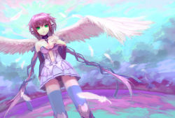 Rule 34 | 1girl, angel wings, bad id, bad pixiv id, cloud, day, feathered wings, feathers, green eyes, hair ornament, hair ribbon, highres, ikaros, jiaozhichen, long hair, looking at viewer, pink hair, pleated skirt, ribbon, skirt, sky, solo, sora no otoshimono, thighhighs, wings, zettai ryouiki