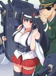 Rule 34 | 10s, 1boy, 1girl, asymmetrical legwear, bad id, bad pixiv id, bare shoulders, black hair, breasts, detached sleeves, fusou (kancolle), hat, headband, highres, japanese clothes, jewelry, kantai collection, large breasts, long hair, military, military uniform, nontraditional miko, peaked cap, red eyes, ring, shin&#039;en (gyokuro company), sunglasses, tying headband, uneven legwear, uniform, wedding band, wedding ring