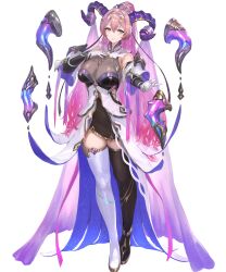 Rule 34 | 1girl, asymmetrical legwear, black thighhighs, blush, boots, breasts, closed mouth, curled horns, dress, earrings, female focus, fire emblem, fire emblem heroes, floating, floating object, full body, gloves, goat horns, gradient hair, hair ornament, hairband, hand on own chest, hand up, high ponytail, highres, horns, jewelry, large breasts, light smile, long hair, looking at viewer, mature female, mismatched legwear, multicolored hair, nerthus (fire emblem), nintendo, non-web source, official art, pink hair, ponytail, purple eyes, purple hair, shiny clothes, short dress, single earring, sleeveless, solo, standing, thigh boots, thighhighs, thighs, transparent background, two-tone hair, veil, white gloves, white thighhighs, yoshiku (oden-usagi), zettai ryouiki