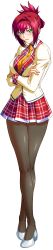 Rule 34 | 1girl, blazer, blush, breasts, crossed arms, crossed legs, eriko midou (kyouiku shidou), full body, glasses, green eyes, high heels, highres, jacket, kagami hirotaka, kyouiku shidou, large breasts, crossed legs, long image, looking at viewer, midou eriko, necktie, non-web source, pantyhose, pleated skirt, red hair, school uniform, simple background, skirt, smile, solo, standing, tall image, watson cross