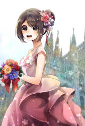 Rule 34 | 1girl, :d, asymmetrical clothes, bad id, bad pixiv id, bleach, bouquet, brown eyes, brown hair, church, collarbone, dress, flower, hair bun, hinamori momo, holding, holding bouquet, jewelry, lens flare, long dress, necklace, open mouth, outdoors, parted bangs, pink dress, short hair, single hair bun, sleeveless, sleeveless dress, smile, solo, standing, umi (pixiv6861961)