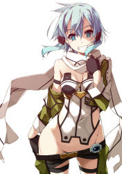 Rule 34 | 1girl, aqua eyes, aqua hair, black shorts, blush, breasts, breasts apart, clothes pull, commentary request, cropped jacket, fingerless gloves, gloves, green jacket, hair between eyes, hair ornament, hairclip, highres, jacket, looking at viewer, medium breasts, off shoulder, parted lips, scarf, shikei, short hair, short hair with long locks, short shorts, shorts, shorts pull, simple background, sinon, smile, solo, standing, sword art online, teeth, thighs, undressing, white background