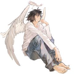 Rule 34 | 1boy, absurdres, angel wings, barefoot, black eyes, black hair, blue pants, closed mouth, death note, feathered wings, full body, hair between eyes, halo, highres, l (death note), lomizuki, looking up, male focus, pants, shirt, short hair, simple background, sitting, solo, thinking, toenails, toes, white background, white halo, white shirt, white wings, wings