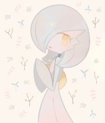 Rule 34 | 1girl, alternate color, beige background, black choker, blue flower, blue hair, blue skin, blush, bob cut, choker, colored skin, cowboy shot, creatures (company), female focus, flat chest, floral background, flower, from side, game freak, gardevoir, gem, gen 3 pokemon, hair over one eye, half-closed eyes, hands up, happy, lace, lace choker, light blush, looking at viewer, lotosu, mega stone, multicolored skin, nintendo, open mouth, orange flower, own hands together, pokemon, pokemon (creature), shiny pokemon, short hair, smile, solo, standing, star (symbol), two-tone skin, white skin
