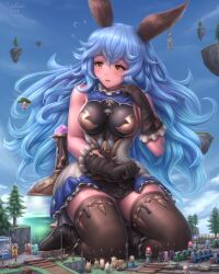 animal_ears bare_shoulders blue_hair blush boots breasts cleavage ferry_(granblue_fantasy) giant giantess gloves granblue_fantasy high_heel_boots high_heels long_hair medium_breasts skin_tight skindentation skirt thighhighs very_long_hair zen-gts zettai_ryouiki