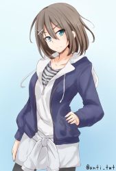 Rule 34 | 10s, 1girl, alternate costume, anti (untea9), artist name, blue eyes, brown hair, casual, clothes around waist, contemporary, hair ornament, hairclip, hand on own hip, hood, hooded jacket, hoodie, jacket, jpeg artifacts, kantai collection, light frown, looking at viewer, maya (kancolle), open clothes, open hoodie, open jacket, pantyhose, short hair, simple background, skirt, solo, sweater, sweater around waist, twitter username