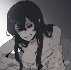 Rule 34 | 1girl, alternate breast size, bed, black hair, blanket, breasts, chromatic aberration, collarbone, eyebrows, eyelashes, fate/grand order, fate (series), gradient background, grin, hair between eyes, long hair, lying, medium breasts, monochrome, multicolored background, norasame (dagako), nude, oda nobunaga (fate), oda nobunaga (koha-ace), on bed, on stomach, red eyes, shiny skin, sidelocks, smile, solo, spot color, teeth, tsurime, under covers