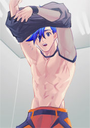 Rule 34 | 1boy, abs, absurdres, arms up, bad id, bad pixiv id, blue hair, clothes lift, detached sleeves, firefighter, galo thymos, groin, highres, male focus, mogloh1310, no nipples, pectorals, puffy pants, shirt lift, single detached sleeve, solo, spiked hair, topless male, undressing, wristband