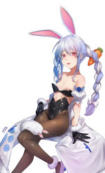 Rule 34 | 1girl, absurdres, adapted costume, animal ear fluff, animal ears, arm cuffs, arpeggio kaga, artist name, bare shoulders, black gloves, black leotard, black pantyhose, blue hair, braid, breasts, carrot hair ornament, cleavage, coat, collarbone, commentary, covered navel, don-chan (usada pekora), food-themed hair ornament, fur-trimmed gloves, fur scarf, fur trim, gloves, hair between eyes, hair ornament, highres, hololive, invisible chair, leotard, light blue hair, long hair, looking at viewer, midriff, multicolored hair, open mouth, pantyhose, playboy bunny, rabbit ears, red eyes, scarf, unworn scarf, shoes, signature, simple background, sitting, small breasts, solo, symbol-shaped pupils, thick eyebrows, triangle mouth, twin braids, twintails, two-tone hair, usada pekora, usada pekora (1st costume), virtual youtuber, waistcoat, white background, white coat, white footwear, white hair, | |