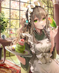 Rule 34 | 1girl, absurdres, apron, bird, bird on hand, blueberry tart, brown hair, cake, commentary, english commentary, food, fork, frilled hairband, frills, fruit tart, green eyes, green kimono, hair between eyes, hair bun, hairband, highres, holding, holding tray, indoors, japanese clothes, kimono, long hair, long sleeves, looking at viewer, maid, original, pancake, plate, puracotte, single hair bun, solo, souffle pancake, strawberry shortcake, strawberry tart, tart (food), tiered tray, tray, utensil in mouth, wa maid, wavy hair, white apron, window