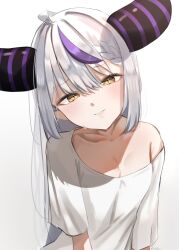 Rule 34 | 1girl, ahoge, bare shoulders, blush, braid, braided bangs, breasts, cleavage, collarbone, demon girl, demon horns, grey hair, hair between eyes, head tilt, hololive, horns, la+ darknesss, long hair, looking at viewer, loose clothes, multicolored hair, off shoulder, parted lips, pointy ears, purple hair, shirt, short sleeves, signature, simple background, single bare shoulder, small breasts, smile, solo, streaked hair, striped horns, sweat, t-shirt, toey, upper body, very long hair, virtual youtuber, white background, white shirt, yellow eyes
