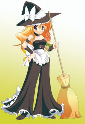 Rule 34 | 1girl, :d, adapted costume, alternate costume, apron, arm garter, bad hands, bare shoulders, bell-bottoms, blonde hair, bow, braid, breasts, broom, choker, cleavage, dei shirou, female focus, gradient background, hair bow, hand on own hip, hat, hip focus, kirisame marisa, long hair, open mouth, pants, side braid, smile, solo, standing, strapless, touhou, tube top, witch, witch hat, yellow background, yellow eyes