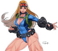 Rule 34 | 1girl, alternate hairstyle, backpack, bag, bare legs, belt, belt pouch, black gloves, blonde hair, blue eyes, blue leotard, breasts, cammy white, capcom, cleavage, clenched hand, commentary, english commentary, facial scar, fighting stance, fingerless gloves, gloves, goggles, goggles on head, highres, large breasts, leotard, long hair, long sleeves, loose belt, official alternate costume, partially unzipped, plunging neckline, pouch, red-tinted eyewear, scar, scar on cheek, scar on face, scar on leg, solo, street fighter, street fighter v, superbull, thick thighs, thighs, throat microphone, tinted eyewear, vambraces